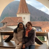 Thai guests posing at Bran Castle, Transylvania, March 2019